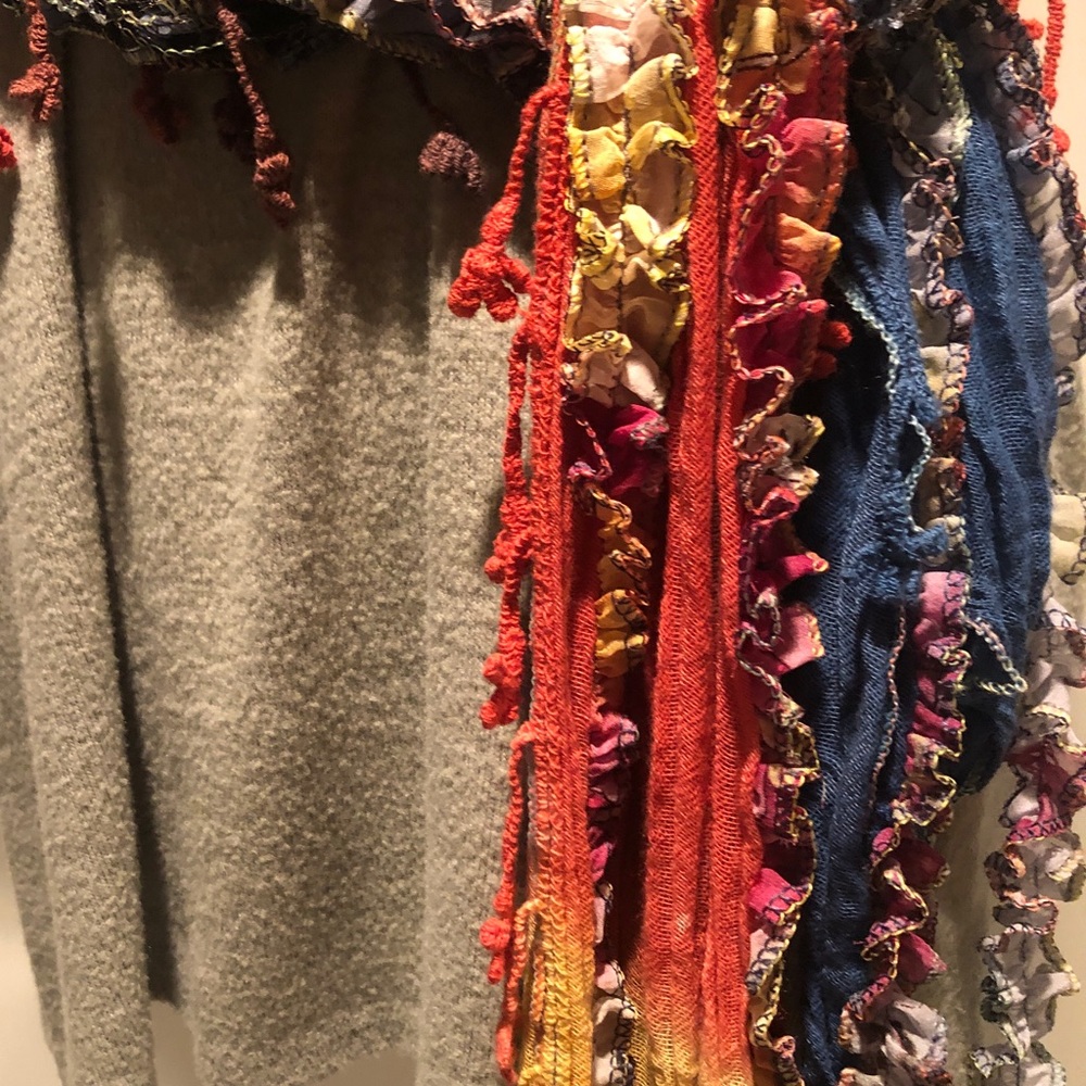 BOHO handmade scarf. Multi colored twist with fringed tassels/knots ruffles NWOT - Picture 3 of 11